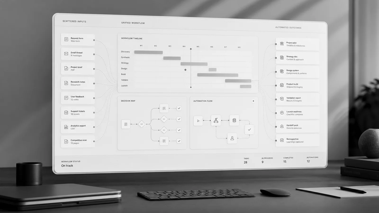 Grayscale editorial interpretation of an Aestrum interface and automation workflow