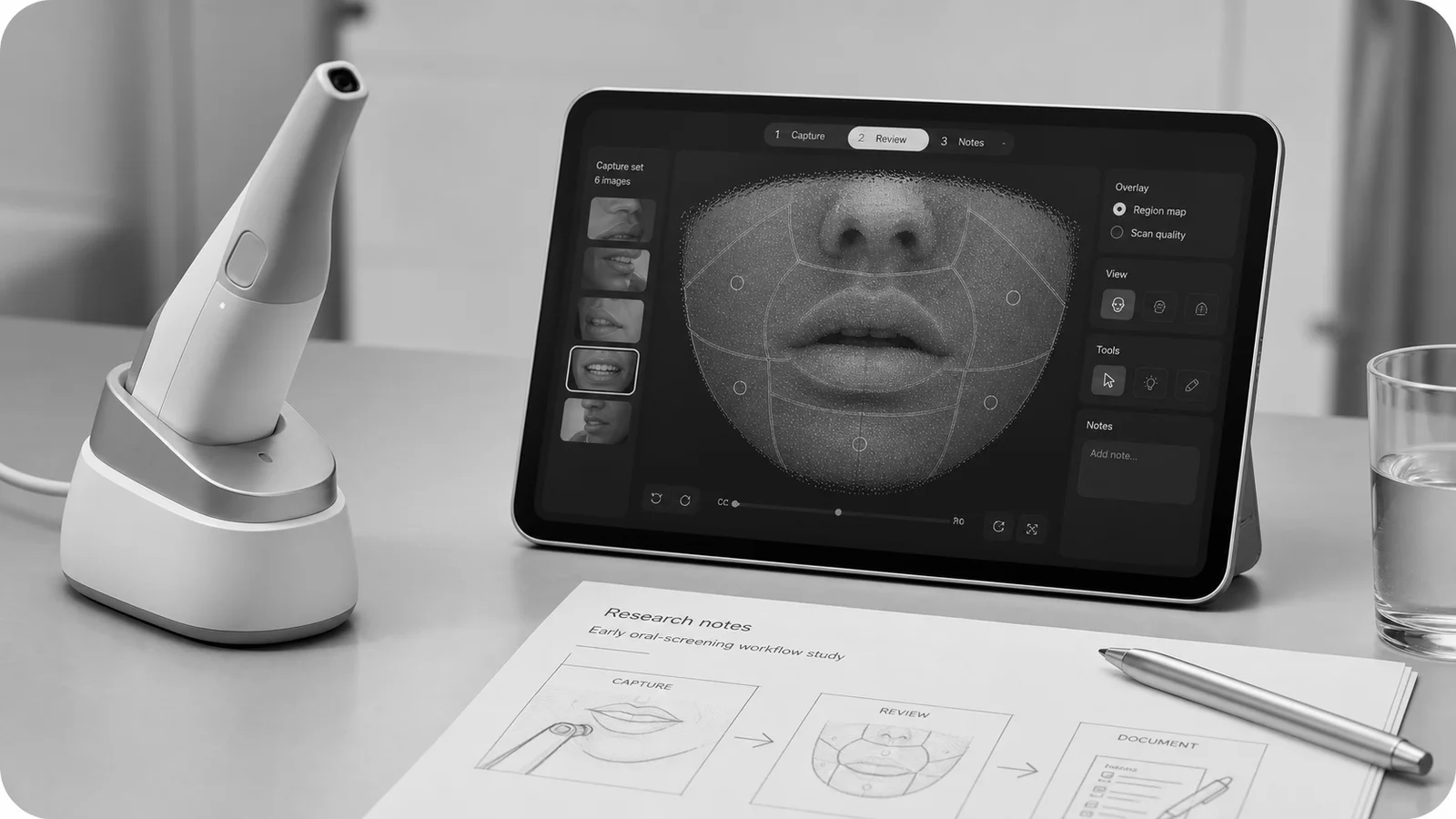 Grayscale editorial interpretation of an early oral-screening capture and review workflow